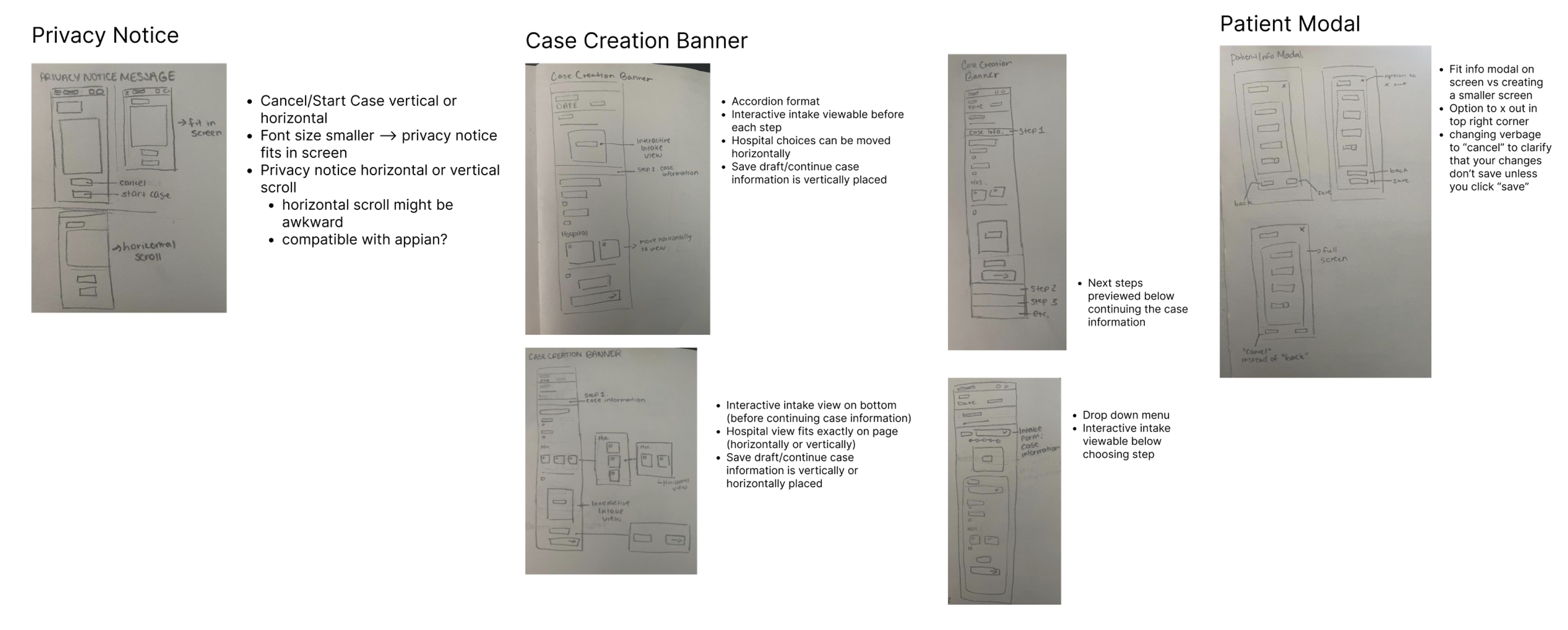Wireframes: Privacy Notice, Case Creation Banner, Patient Modal
