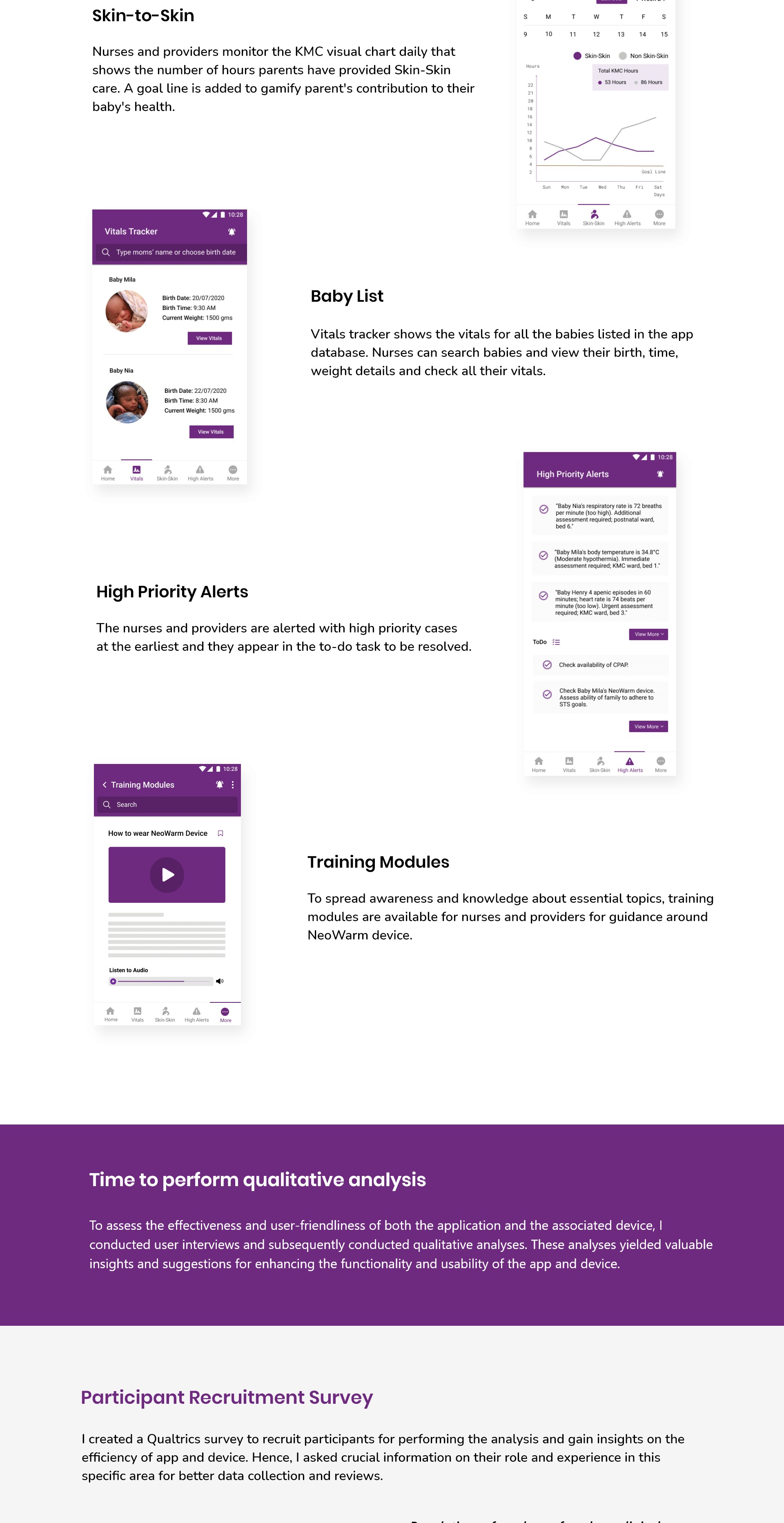 NeoRoo: Skin-to-Skin, Baby List, High Priority Alerts, Training Modules screens