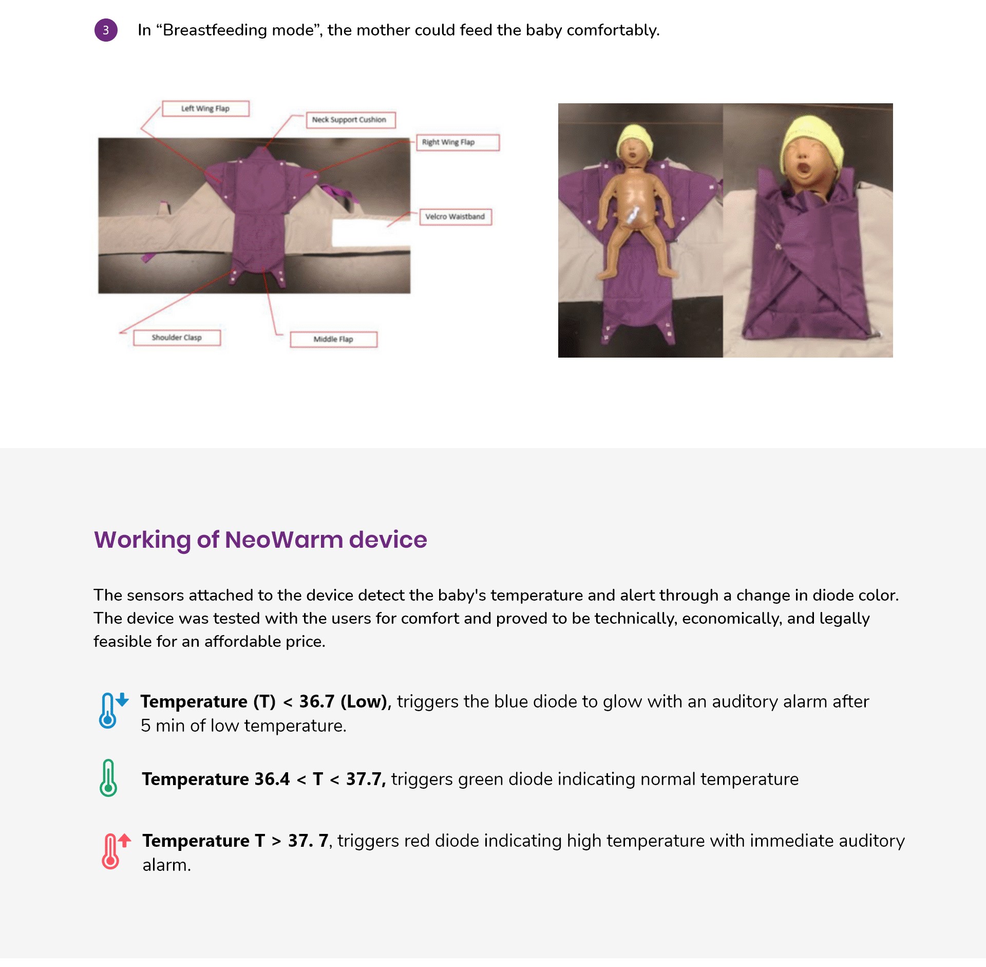 NeoWarm biomedical device: modes and temperature thresholds